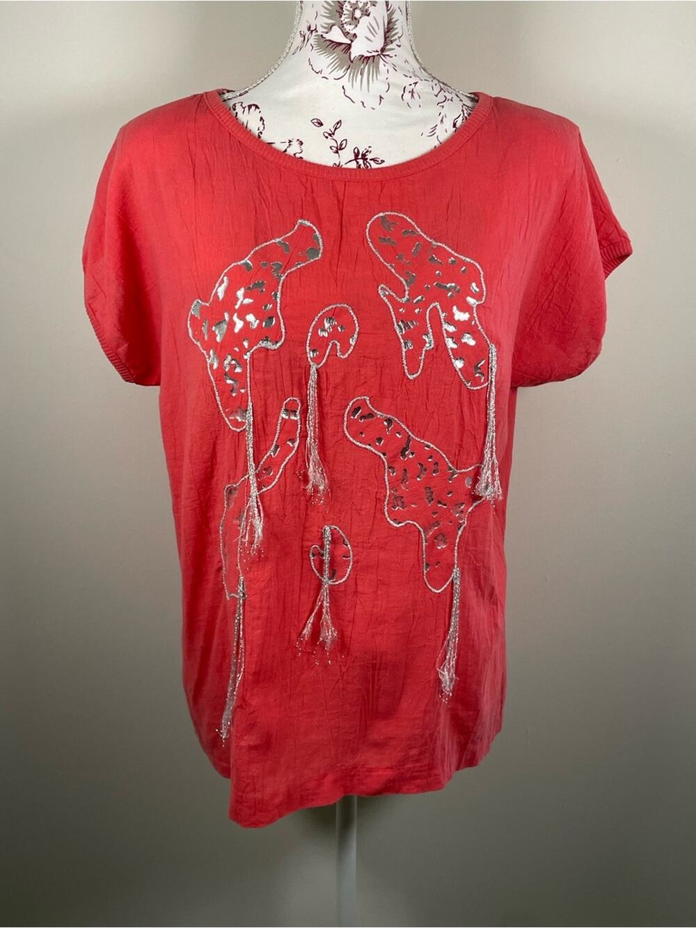 Vintage Peter Popovitch Coral Cotton Metallic Appliqué Art Top Made in USA M